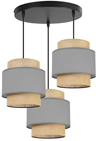Light-Home Boho Hängelampe - Deckenlampe für Wohnzimmer Schlafzimmer und Esszimmer - Pendelleuchte aus Metall mit Lampenschirm aus Stoff - E27-3-Flammig Oval - Grau und Jute