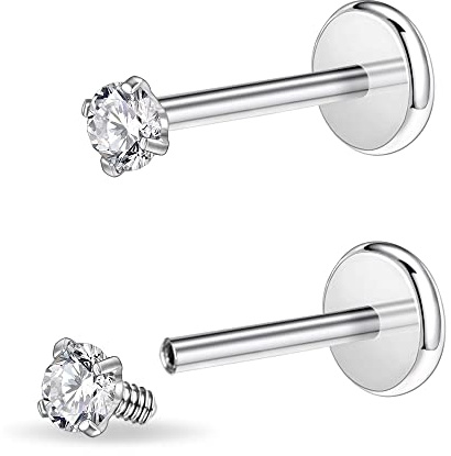 16G/18G/20G Flat Back Nose Stud Internal Thread CZ Piercing Jewelry