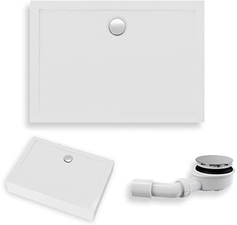 BADLAND Rechteck Duschwanne 100x70x2 cm Lider, Acryl, Weiß mit Ablaufgarnitur Ø 90 mm und Füße