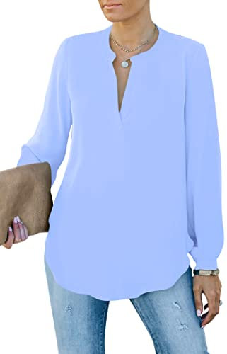 Homlan Chemisier élégant pour Femme - Col en V - Manches Longues - Décontracté - Tunique à Manches Longues - Couleur Unie, Bleu Clair, XL