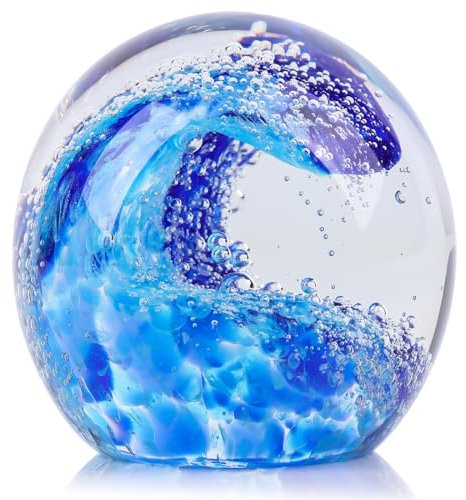 Mundgeblasene Glaskugel aus Glas, Motiv: Ozeanwellen, Stranddekoration, Bürodekoration, blauer Briefbeschwerer, ideale Stranddekoration für Zuhause, Eignung, Meer, Villa, Aquarium, Ozeanliebhaber,