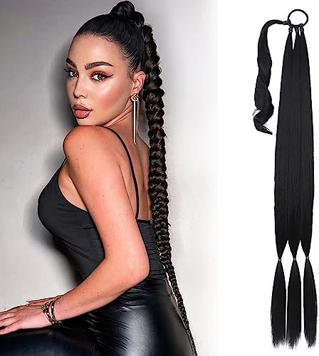 80cm Pferdeschwanz Verlängerung mit Haargummi, Natürliches Kunsthaar Schwarz Glatt Haarverlängerung Pferdeschwanz zum Einflechten Haarteil Zopf Pferdeschwanz, DIY Braids Perücke für Frauen