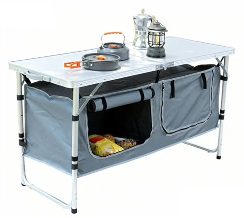 JOUYEK Camping Table, Folding Portable Kitchen Table with Storage Gray