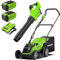 GreenWorks Tondeuse à gazon sans fil + souffleur sans fil (93 km/h, 14,2 m³/min) pour surfaces jusqu'à 500 m², largeur de coupe de 41 cm, sac de 50 litres plus deux batteries 40 V 2 Ah avec chargeur