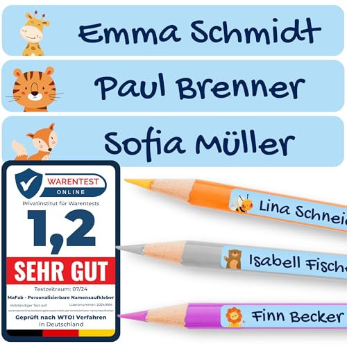Personalisierbare Namensaufkleber für Kinder (60 Stk. 47x7 mm) - Wasserfeste Namensschilder für Gegenstände, Stifte & Textilien - Optimal für Kita, Kindergarten und Schule - Schöne Motive