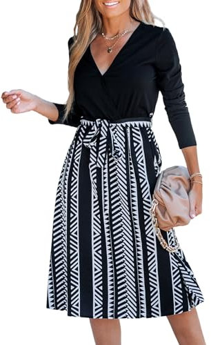 CUPSHE Damen Kleid V Ausschnitt Wickeloptik Langarm Taillenschnürung Geometrische Muster A Linien Freizeitkleider Wrap Midi Dress Weißes Geo-Muster S