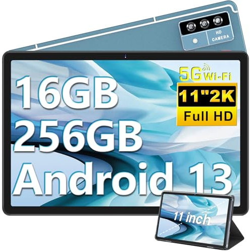 Oangcc Tablette 11 Pouces Android OS Tablette Tactile, 16 Go RAM+256Go ROM/TF 1To, 2000 * 1200 FHD IPS, 8600mAh, 5G WiFi, 8 Cœurs, 2.0 GHz, 4 Haut-Parleurs, 5+13+2MP, AGPS, avec Cas - Bleu