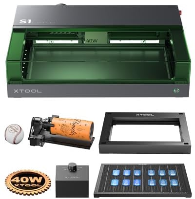 xTool S1 40W Engraver Machine with Riser Base & Honeycomb Working Sheet & Air Assit & RA2 Pro, Enclosed Cutter and Engraving Machine for Wood, Metal, Leather, Acrylic and Glass, Class I Safety