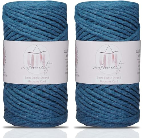 Makromecity, 2 Knäuel einsträngige Makramee-Schnur, 3 mm x 109 Yards, Makramee-Schnur, 3 mm gedrehtes Makramee-Garn, Makramee-Schnur für Makramee-Federn, recyceltes Baumwollkordelgarn (Marineblau, 2