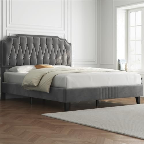 Yaheetech Lit Double 140×200cm Capitonnée Réglable en Hauteur Cadre de Lit en Bois avec Sommier à Lattes Pieds en Bois Massif et Métal