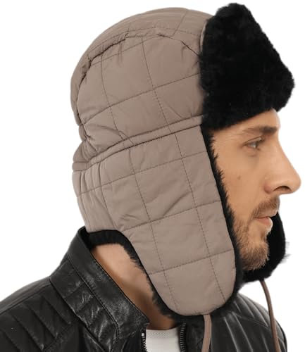 Zavelio Ushanka Trapperfellmütze aus Lammfell, für Herren und Damen, Leder, Fliegermütze, Wintermütze, Grau mit schwarzem Fell, Größe M/L, Grau mit schwarzem Fell, M/L