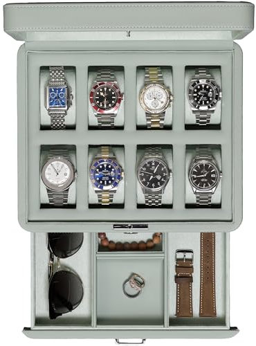 ROTHWELL Luxus Uhrenbox für 8 Uhren - Uhrenschatulle aus Kunstleder mit Echtglasdeckel - Schiebeschublade für Zubehör mit mehreren Fächern (Seafoam)