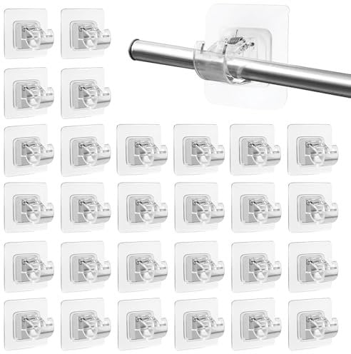 MUXHEL 30 PCS Clear Adhesive Curtain Rod Holder, Self Adhesive Curtain Rod Bracket, No Drill Curtain Rod Holder Nail Free Fixing Rod Holder for Home Hotel Kitchen & Bathroom