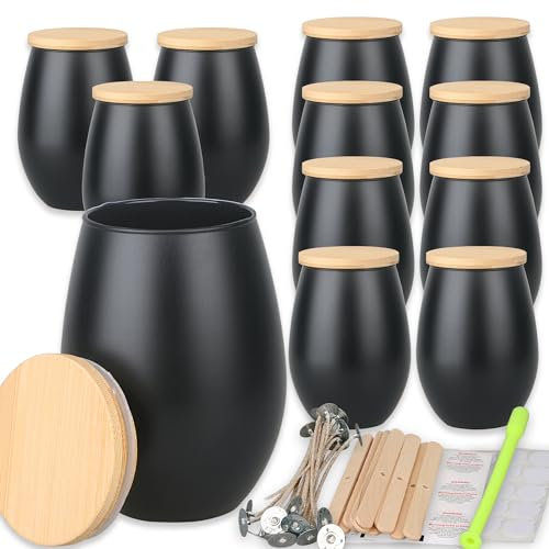 MILIVIXAY Kerzengläser mit Bambusdeckel und Kerzenherstellungs-Kits – mattschwarze Kerzengläser, leere ovale Design-Kerzengläser für die Herstellung großer Kerzen, Gewürz-, Pulverbehälter, 12 Stück