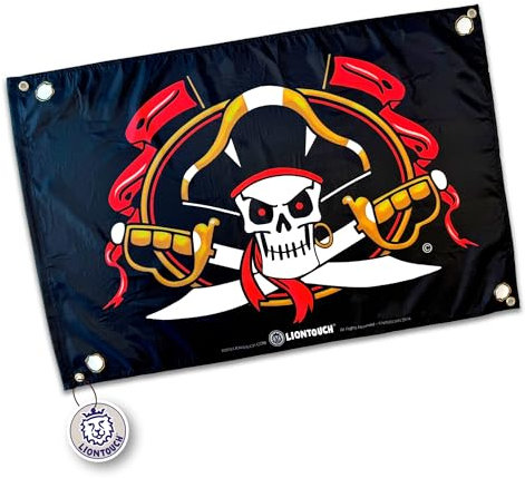 Liontouch - Bandera Pirata Capitán Cross - 100 x 70 cm | Juguete para Interior y Exterior con Fondo Negro y Calavera | Accesorio de Aventura para Niños en el Caribe