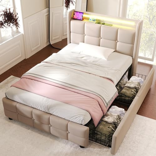 Kehun Polsterbett Einzelbett 90x200 mit LED-Kopfteil und USB-Port, Stauraumbett mit 2 Stauraum Schubladen, Kinderbett Bettgestell mit Lattenrost und bettkasten, Leinen, Beige, Ohne Matratze
