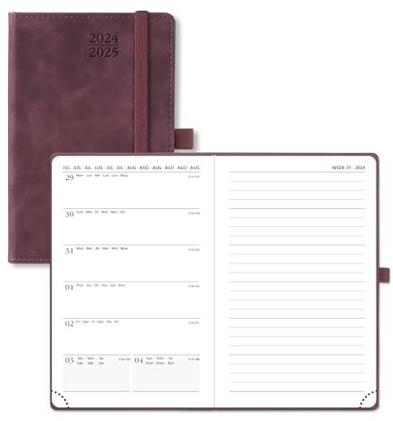 POPRUN Taschenkalender 2025 Klein Notizbuch (Aug.2024-Dez.2025), ca. A6 (16 x 10,5 cm), kalender 2025 Klein mit Softcover - Terminplaner mit PU-Leder - Weinrot