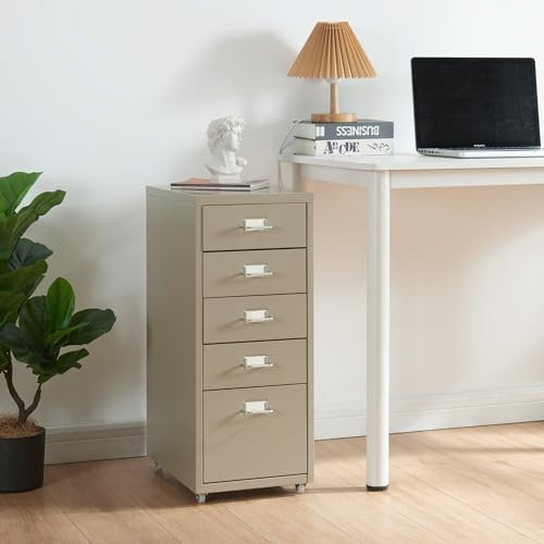 [en.casa] Rollcontainer Kökar Schubladenschrank Metall Aktenschrank mit 5 Schubladen Bürowagen mit Rollen für Arbeitszimmer 69 x 28 x 41 cm Kamelfarben