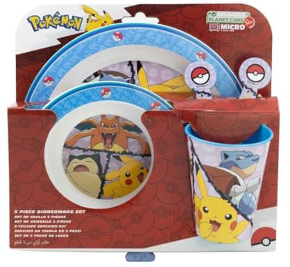 My sweety pop - Juego de vajilla para niños, juego de 5 piezas, plato, cuenco de cristal, tenedor, cuchara de Pokémon