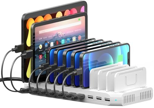 60W USB Charging Station, 10 Ports Multi Charging Station, Multi Charger Dock with Adjustable Dividers, Cell Phone Charging Stations Compatible with Tablets, Smartphones