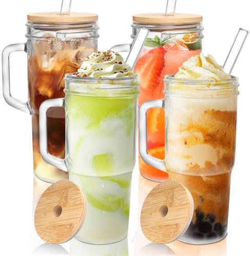 ONEHAUS Glass Cups with Lids and Straws 4 Packs - 24oz Glass Tumbler with Handle, Mason Jar with Lid and Straw -Wide Mouth Reusable Drinking Glasses, Smoothie Tumbler Iced Coffee Cup Travel Mug