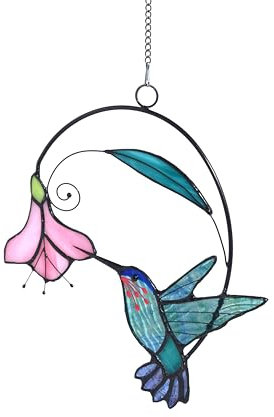 Cute Birds Stained Glass Suncatcher Birds Stained Glass Window Hangings for Home Decor (Blue with flower B)