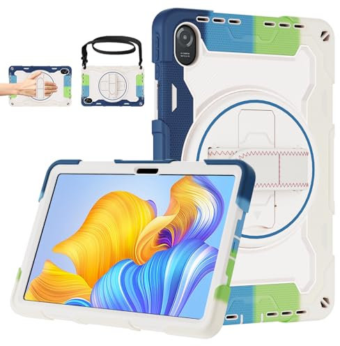 ROSROME for Honor Pad 8 Case 12 Inch 2022,Heavy Duty Shockproof Cover with Screen Protector & Rotating Stand & Shoulder Strap & Pencil Holder for Kids,Rainbow Blue