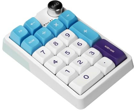 ELMWAY KZZI K20 Wireless Mechanical Number Pad – Rechargeable Numeric Keypad with BT3.0/2.4G/USB-C, RGB Backlighting, Aluminum Knob, Hot-Swappable - White Blue