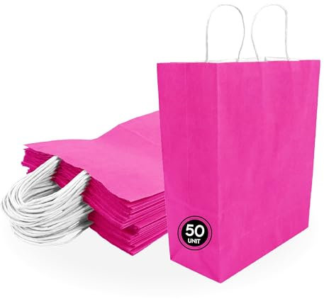 50 Sacs Cadeaux en Papier Kraft Rose 25x10x32 cm - Sac Cadeau Anniversaire - Sac Cadeau avec Poignées Torsadées, Idéal pour Emballage Cadeaux, Célébrations, Noël, Mariage, Fête