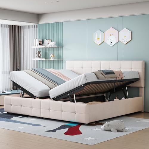 Polsterbett Doppel-Hoch Boxbett 180x200, Doppelbett Hydraulisch Stauraumbett mit Stauraum&Lattenrost, Hochkastenbett Rückenlehne Bettgestell mit Höhenverstellbar Kopfteil, Samt, Ohne Matratze, Beige