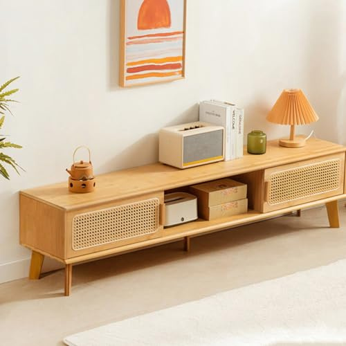 DEOPXF Rattan-TV-Ständer, Bambus-Entertainment-Center, TV-Konsole mit Stauraum, TV-Schrank mit reserviertem Kabelloch, Schiebetür für Wohnzimmer und Schlafzimmer(140x31x37.5cm)