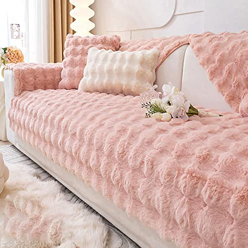 Flauschiges Kaninchen-Plüsch-Sofa-Pads, verdicktes Winterkissen für Ledersofa, rutschfester Möbelbezug, Handtuch, Rosa, 110 x 160 cm