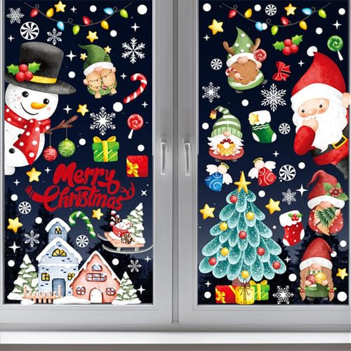 Fensterbilder Weihnachten 9 Blätter fensterbilder selbstklebend Wiederverwendbar Weihnachtsfensterbilder Fensterdeko Weihnachtsmann Fenstersticker Winter Deko Weihnachtsdeko Innen Schneeflocken Rot