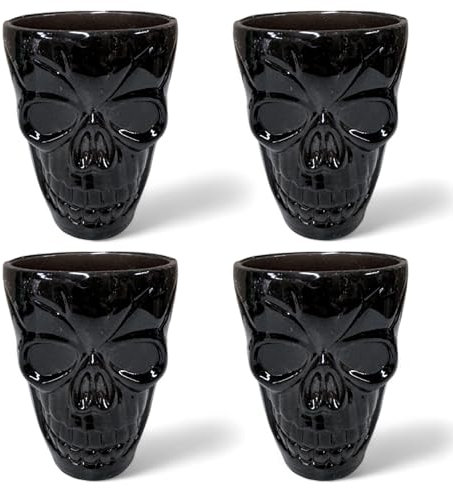 MIJOMA Juego de 4 vasos de chupito de plástico negro con diseño de calavera, reutilizables, para Halloween, fiestas de terror, noches de película de terror, capacidad de 50 ml