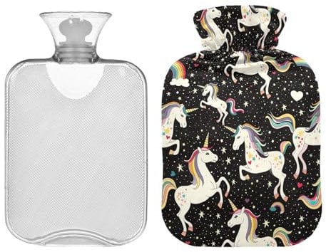 Cute Unicorns and Rainbows Hot Water Bottle Bag with Cover, 2 Liters Reusable Hot Water Bag for Neck, Shoulders and Legs Pain Relief, Menstrual Cramps, Hot and Cold Therapy