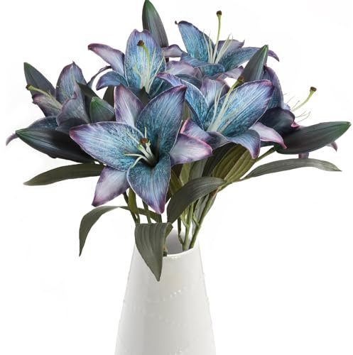 Libeking Blaue Seidenblumen, künstliche Lilien, 6 Stück, Vintage-Lilien, künstliche blaue Blumen, Blumenarrangements, Hochzeitsstrauß, Party, Esser, Heimdekoration, Tischdekoration