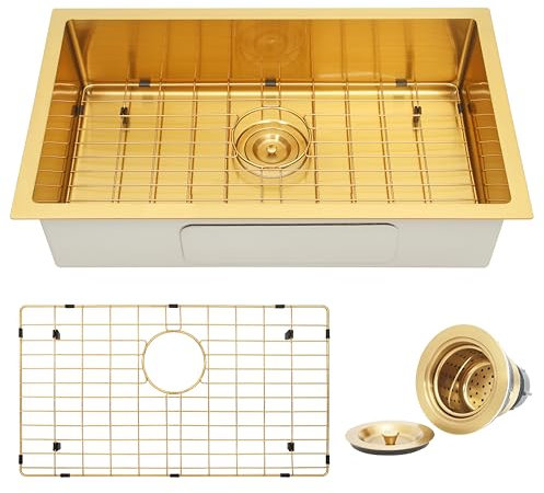 Kitsitchen 68,6 cm große goldene Küchenspüle, Unterbau/Drop-In-Küchenspüle, 18 Gauge, SUS304 Edelstahl, Einzelbecken, Küchenspülen mit Zubehör