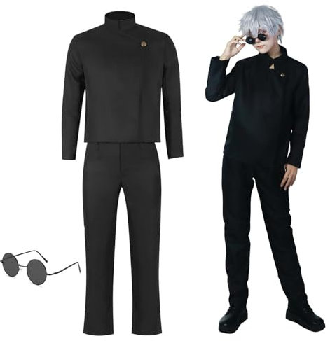 MeYuxg Satoru Gojo Cosplay Kostüm, Anime Cosplay Kostüm Gojo Satoru Schuluniform Jacke mit Brille, Karneval Kostüm Erwachsener Anime Uniform Outfits für Karneval Halloween Kostüm, Schwarz XL