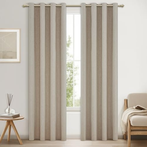 MRTREES Rideau Occultant Thermique Isolant Anti Froid et Chaleur 100% Bloquer Lumière, Rideaux Opaque Lin Naturel à Oeillets pour Porte Chambre Adulte Salon, 140x225 CM, 2 Pièces