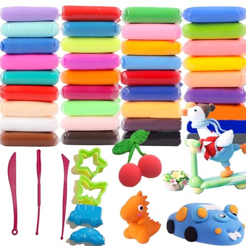 36 Farben Modelliermasse lufttrocknend – Selbsttrocknende Knete für Kinder ab 3 Jahren – Foam Clay Bastelset mit Werkzeugen & Formen – Kreatives DIY Geschenk für Jungen & Mädchen