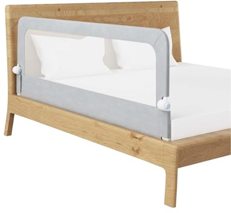 Fiqops 200cm Bettgitter Rausfallschutz Klappbar, Rausfallschutz Kinderbett Bett Rail höhenverstellbar 72-86 cm mit Beistellbetten Gurt für Boxspringbetten und Kinderbetten, Grau
