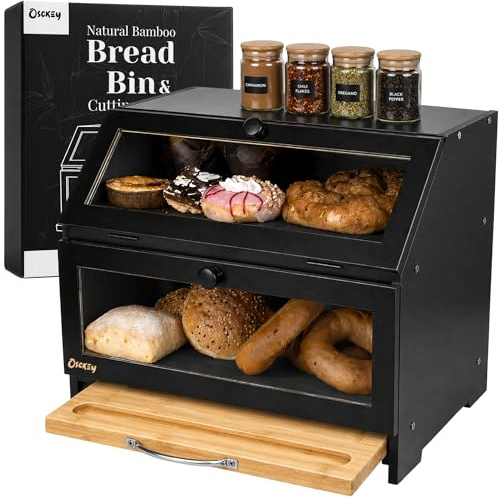 Osckey Black Double Bread Bin & QUALITY CUTTING BOARD. 24L. Large Bread Box. Solid Bamboo. No MDF. An ideal Breadbin for Bread Storage. Bread Bins For Kitchen. Easy Self Assembly. (Black)