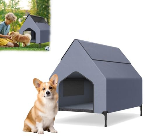 Aufun 2 in 1 Outdoor Hundeliege überdacht, Erhöhte Hundehütte aus Wetterfest Strapazierfähiges Oxford Material mit Mesh Fenster für Hunde bis 40 kg, Hundebett mit abnehmbaren Füßen, 110 x 75 x 93 cm