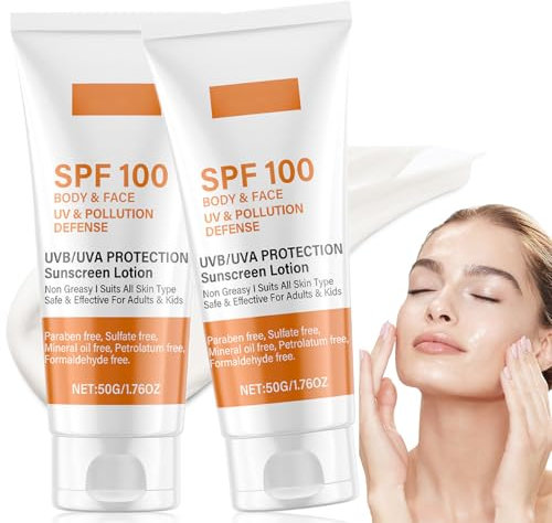 2 Stück Sonnencreme LSF 100, Sunscreen SPF 100, Feuchtigkeitsspendende Sunblock, Sonnencreme Gesicht, Beruhigende Sonnenschutz, UV-Schutz Sunblocker für Gesicht und Körper, Wasserfest & Nicht Fettend