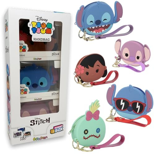 #sbabam Funny Box Disney Tsum Tsum, Handtasche für Mädchen und Jungen mit Stitch-Figuren, 3-teilig, Geburtstags-Gadget mit Aufkleber und Riemen zum Befestigen am Rucksack, weiche Tasche für Mädchen