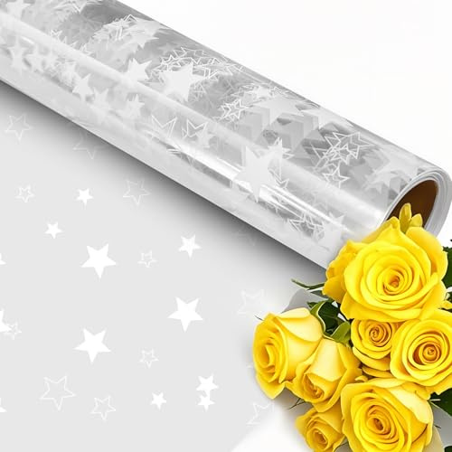 40CM Clear Cellophane Wrap Printed with Star,Wide 40cm x Long 30m Florist Gift Wrappings for Christmas Birthday Gifts Hampers Easter Basket Valentines Day Flowers Crafts Packing Supplies