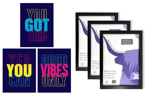 Artery8 Motivational Wall Art - Set of 3 A4 Sized Art with Black Frames - Good Vibes You Got This Yes You Can Colourful Neon Typography