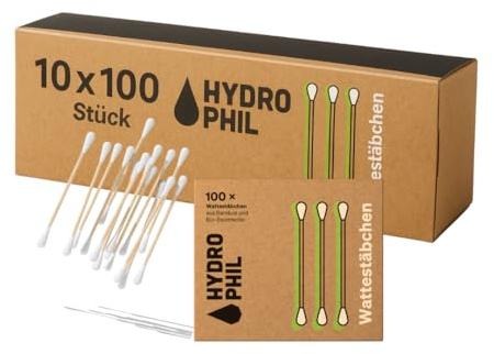 HYDROPHIL Wattestäbchen aus Bambus & Bio-Baumwolle – 1000 Stück – plastikfrei, biologisch abbaubar, nachhaltig & vegan – Bambus Wattestäbchen für Ohren, Make-up & Hygiene