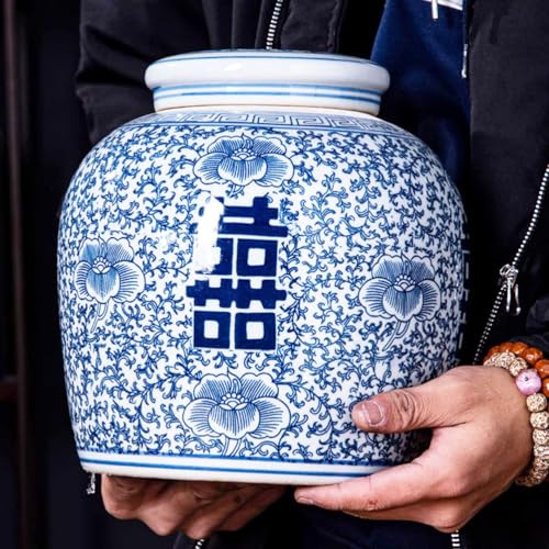 XIUWOUG Pot de Gingembre Vintage Bleu et Blanc avec Couvercle pour décor de Chinoiserie Ancien Grand bidon Vase de Rangement décoratif Chinois pour la décoration intérieure, décor de Salon,Bleu