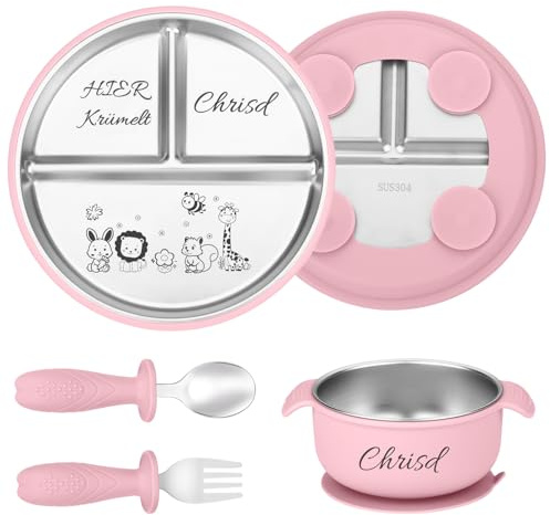 Personalisierter Babyteller mit Saugnapf, Edelstahl Teller Baby mit Namen | Beikost Baby Zubehör Personalisierte Geburtstags und Taufgeschenke (Rosa)